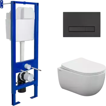 Комплект унитаза Ventas с инсталляцией Atom Line белый, с сиденьем микролифт и клавишей смыва soft touch черный матовый