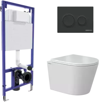 Комплект унитаза Vita Rimless с инсталляцией Novum белый, с сиденьем микролифт и клавишей смыва O5 soft touch черный матовый