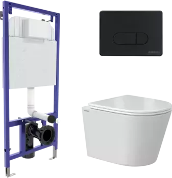 Комплект унитаза Vita Rimless с инсталляцией Novum белый, с сиденьем микролифт и клавишей смыва D5 soft touch черный матовый
