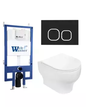 Комплект унитаза WeltWasser Erlenbach 004 с инсталляцией BAMBERG 545 белый, с сиденьем микролифт и клавишей смыва BAMBERG BL черный матовый