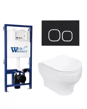 Комплект унитаза WeltWasser Erlenbach 004 с инсталляцией BAMBERG 525 белый, с сиденьем микролифт и клавишей смыва BAMBERG BL черный матовый