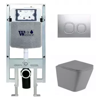 Комплект унитаза WeltWasser Gelbach 041 с инсталляцией AMBERG 497 ST серый матовый, с сиденьем микролифт и клавишей смыва AMBERG RD-CR хром
