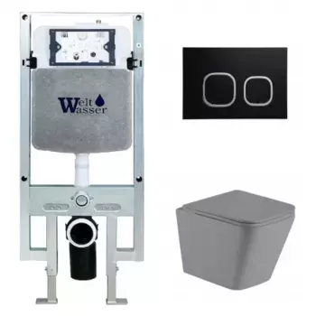 Комплект унитаза WeltWasser Gelbach 041 с инсталляцией AMBERG 497 ST серый матовый, с сиденьем микролифт и клавишей смыва AMBERG RD-BL черный матовый