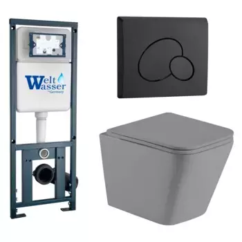 Комплект унитаза WeltWasser Gelbach 041 с инсталляцией MARBERG 410 серый матовый, с сиденьем микролифт и клавишей смыва MAR 410 RD MT-BL черный матовый