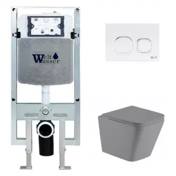 Комплект унитаза WeltWasser Gelbach 041 с инсталляцией AMBERG 497 ST серый матовый, с сиденьем микролифт и клавишей смыва AMBERG RD-WT белый