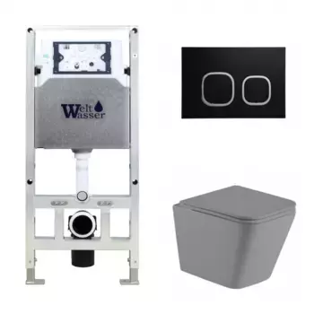 Комплект унитаза WeltWasser Gelbach 041 с инсталляцией AMBERG 506 ST серый матовый, с сиденьем микролифт и клавишей смыва AMBERG RD-BL черный матовый