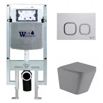 Комплект унитаза WeltWasser Gelbach 041 с инсталляцией AMBERG 497 ST серый матовый, с сиденьем микролифт и клавишей смыва AMBERG RD-MT CR хром матовый
