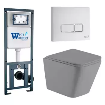 Комплект унитаза WeltWasser Gelbach 041 с инсталляцией MARBERG 410 серый матовый, с сиденьем микролифт и клавишей смыва MAR 410 SE GL-WT белый