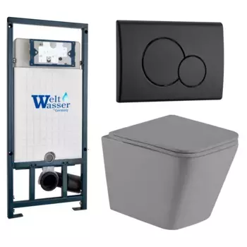 Комплект унитаза WeltWasser Gelbach 041 с инсталляцией MARBERG 507 серый матовый, с сиденьем микролифт и клавишей смыва MAR 507 RD MT-BL черный матовый