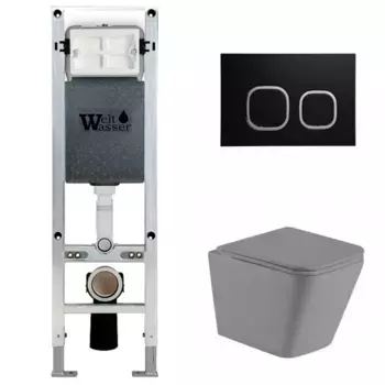 Комплект унитаза WeltWasser Gelbach 041 с инсталляцией AMBERG 350 ST серый матовый, с сиденьем микролифт и клавишей смыва AMBERG RD-BL черный матовый