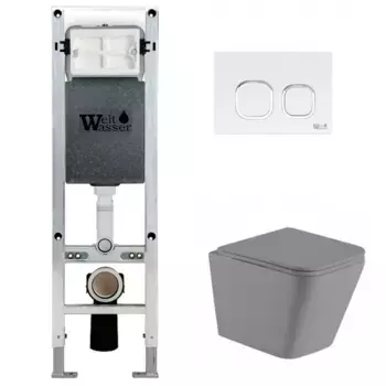 Комплект унитаза WeltWasser Gelbach 041 с инсталляцией AMBERG 350 ST серый матовый, с сиденьем микролифт и клавишей смыва AMBERG RD-WT белый