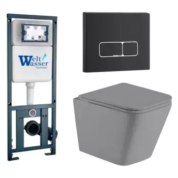 Комплект унитаза WeltWasser Gelbach 041 с инсталляцией MARBERG 410 серый матовый, с сиденьем микролифт и клавишей смыва MAR 410 SE MT-BL черный матовый
