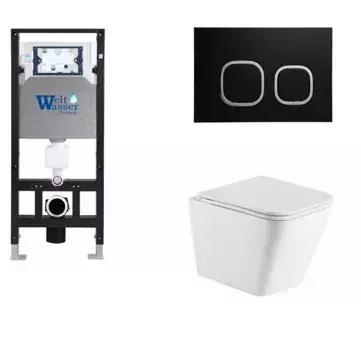Комплект унитаза WeltWasser Gelbach с инсталляцией AMBERG 506 белый матовый, с сиденьем микролифт и клавишей смыва AMBERG RD-BL черный матовый