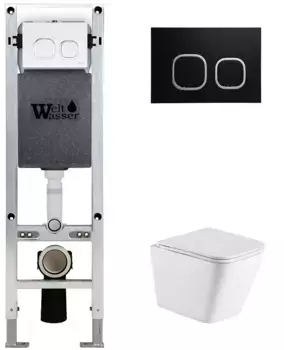 Комплект унитаза WeltWasser Gelbach с инсталляцией AMBERG 350 ST белый матовый, с сиденьем микролифт и клавишей смыва AMBERG RD-BL черный матовый