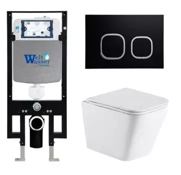 Комплект унитаза WeltWasser Gelbach с инсталляцией AMBERG 497 белый, с сиденьем микролифт и клавишей смыва AMBERG RD-BL черный матовый