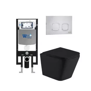 Комплект унитаза WeltWasser Gelbach с инсталляцией AMBERG 497 черный матовый, с сиденьем микролифт и клавишей смыва AMBERG RD-MT CR хром матовый