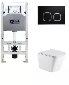 Комплект унитаза WeltWasser Gelbach с инсталляцией AMBERG 506 ST белый матовый, с сиденьем микролифт и клавишей смыва AMBERG RD-BL черный матовый