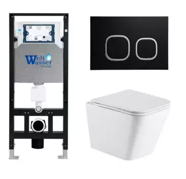 Комплект унитаза WeltWasser Gelbach с инсталляцией AMBERG 506 белый, с сиденьем микролифт и клавишей смыва AMBERG RD-BL черный матовый