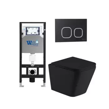 Комплект унитаза WeltWasser Gelbach с инсталляцией AMBERG 506 черный матовый, с сиденьем микролифт и клавишей смыва AMBERG RD-BL черный матовый