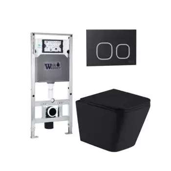 Комплект унитаза WeltWasser Gelbach с инсталляцией AMBERG 506 ST черный матовый, с сиденьем микролифт и клавишей смыва AMBERG RD-BL черный матовый