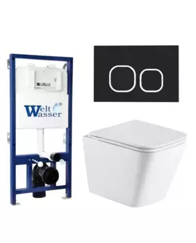 Комплект унитаза WeltWasser Gelbach с инсталляцией BAMBERG 525 белый матовый, с сиденьем микролифт и клавишей смыва BAMBERG BL черный матовый