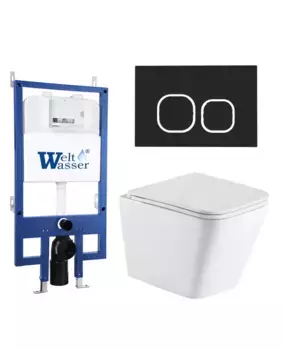 Комплект унитаза WeltWasser Gelbach с инсталляцией BAMBERG 545 белый матовый, с сиденьем микролифт и клавишей смыва BAMBERG BL черный матовый