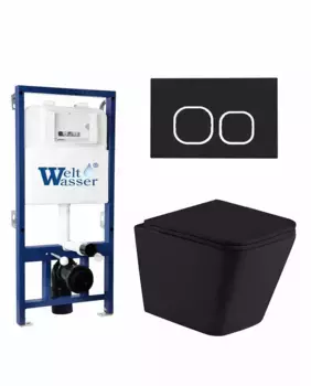 Комплект унитаза WeltWasser Gelbach с инсталляцией BAMBERG 525 черный матовый, с сиденьем микролифт и клавишей смыва BAMBERG BL черный матовый