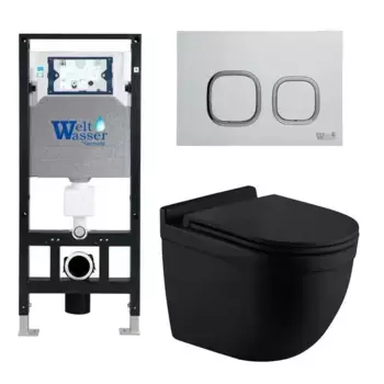 Комплект унитаза WeltWasser Heimbach 043 с инсталляцией AMBERG 506 черный матовый, с сиденьем микролифт и клавишей смыва AMBERG RD-MT CR хром матовый