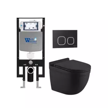 Комплект унитаза WeltWasser Heimbach 043 с инсталляцией AMBERG 497 черный матовый, с сиденьем микролифт и клавишей смыва AMBERG RD-BL черный матовый