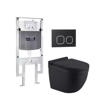 Комплект унитаза WeltWasser Heimbach 043 с инсталляцией AMBERG 497 ST черный матовый, с сиденьем микролифт и клавишей смыва AMBERG RD-BL черный матовый