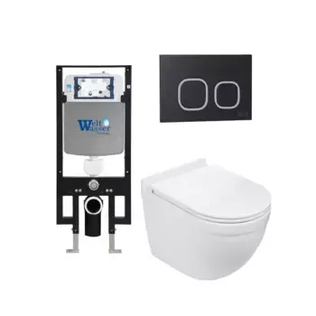 Комплект унитаза WeltWasser Heimbach 043 с инсталляцией AMBERG 497 белый, с сиденьем микролифт и клавишей смыва AMBERG RD-WT черный матовый