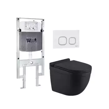 Комплект унитаза WeltWasser Heimbach 043 с инсталляцией AMBERG 497 ST черный матовый, с сиденьем микролифт и клавишей смыва AMBERG RD-WT белый