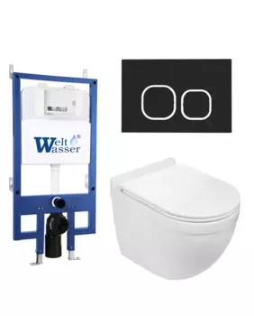 Комплект унитаза WeltWasser Heimbach 043 с инсталляцией BAMBERG 545 белый, с сиденьем микролифт и клавишей смыва BAMBERG BL черный матовый