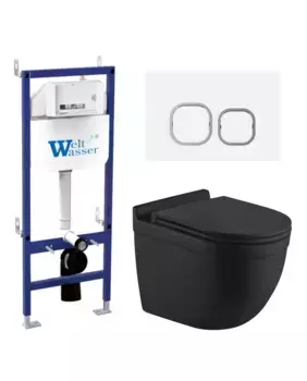 Комплект унитаза WeltWasser Heimbach 043 с инсталляцией BAMBERG 460 черный матовый, с сиденьем микролифт и клавишей смыва BAMBERG WT белый
