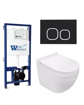 Комплект унитаза WeltWasser Heimbach 043 с инсталляцией BAMBERG 525 белый, с сиденьем микролифт и клавишей смыва BAMBERG BL черный матовый