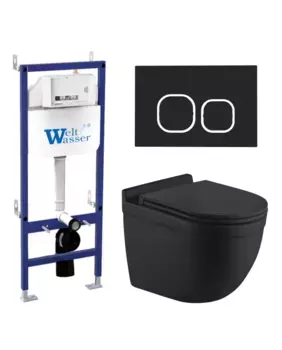 Комплект унитаза WeltWasser Heimbach 043 с инсталляцией BAMBERG 460 черный матовый, с сиденьем микролифт и клавишей смыва BAMBERG BL черный матовый
