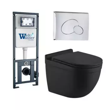 Комплект унитаза WeltWasser Heimbach 043 с инсталляцией MARBERG 410 черный матовый, с сиденьем микролифт и клавишей смыва MAR 410 RD-CR хром