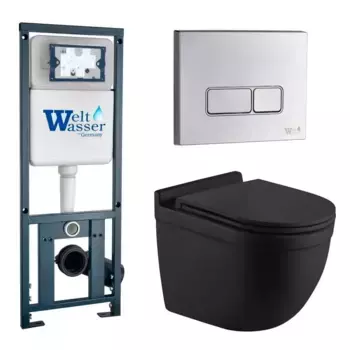 Комплект унитаза WeltWasser Heimbach 043 с инсталляцией MARBERG 410 черный матовый, с сиденьем микролифт и клавишей смыва MAR 410 SE-CR хром