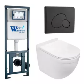 Комплект унитаза WeltWasser Heimbach 043 с инсталляцией MARBERG 410 белый, с сиденьем микролифт и клавишей смыва MAR 410 RD MT-BL черный матовый