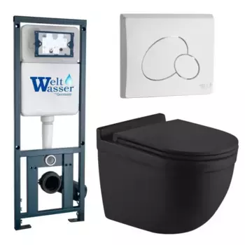 Комплект унитаза WeltWasser Heimbach 043 с инсталляцией MARBERG 410 черный матовый, с сиденьем микролифт и клавишей смыва MAR 410 RD GL-WT белый
