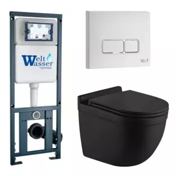 Комплект унитаза WeltWasser Heimbach 043 с инсталляцией MARBERG 410 черный матовый, с сиденьем микролифт и клавишей смыва MAR 410 SE GL-WT белый