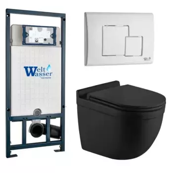 Комплект унитаза WeltWasser Heimbach 043 с инсталляцией MARBERG 507 черный матовый, с сиденьем микролифт и клавишей смыва MAR 507 SE GL-WT белый