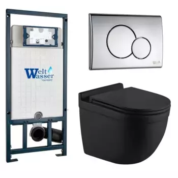 Комплект унитаза WeltWasser Heimbach 043 с инсталляцией MARBERG 507 черный матовый, с сиденьем микролифт и клавишей смыва MAR 507 RD-CR хром