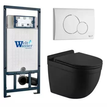Комплект унитаза WeltWasser Heimbach 043 с инсталляцией MARBERG 507 черный матовый, с сиденьем микролифт и клавишей смыва MAR 507 RD GL-WT белый