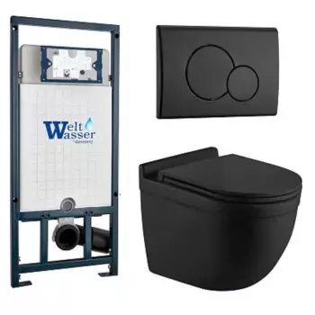Комплект унитаза WeltWasser Heimbach 043 с инсталляцией MARBERG 507 черный матовый, с сиденьем микролифт и клавишей смыва MAR 507 RD MT-BL черный матовый