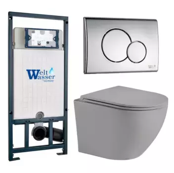 Комплект унитаза WeltWasser Merzbach 041 с инсталляцией MARBERG 507 серый матовый, с сиденьем микролифт и клавишей смыва MAR 507 RD хром