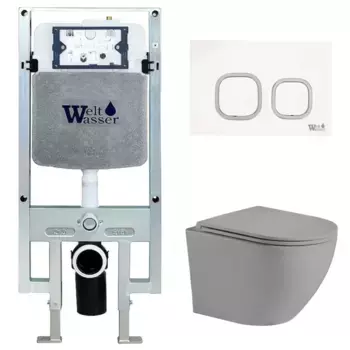 Комплект унитаза WeltWasser Merzbach 041 с инсталляцией AMBERG 497 ST серый матовый, с сиденьем микролифт и клавишей смыва AMBERG RD-WT белый