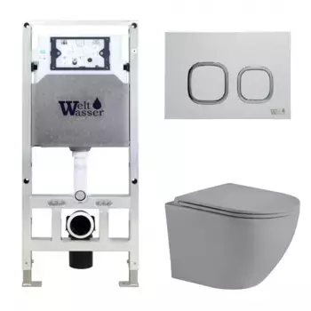 Комплект унитаза WeltWasser Merzbach 041 с инсталляцией AMBERG 506 ST серый матовый, с сиденьем микролифт и клавишей смыва AMBERG RD-MT CR хром матовый