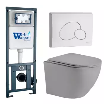 Комплект унитаза WeltWasser Merzbach 041 с инсталляцией MARBERG 410 серый матовый, с сиденьем микролифт и клавишей смыва MAR 410 RD GL-WT белый