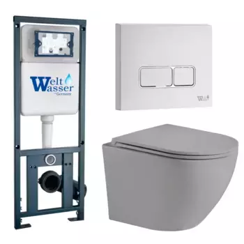 Комплект унитаза WeltWasser Merzbach 041 с инсталляцией MARBERG 410 серый матовый, с сиденьем микролифт и клавишей смыва MAR 410 SE GL-WT белый